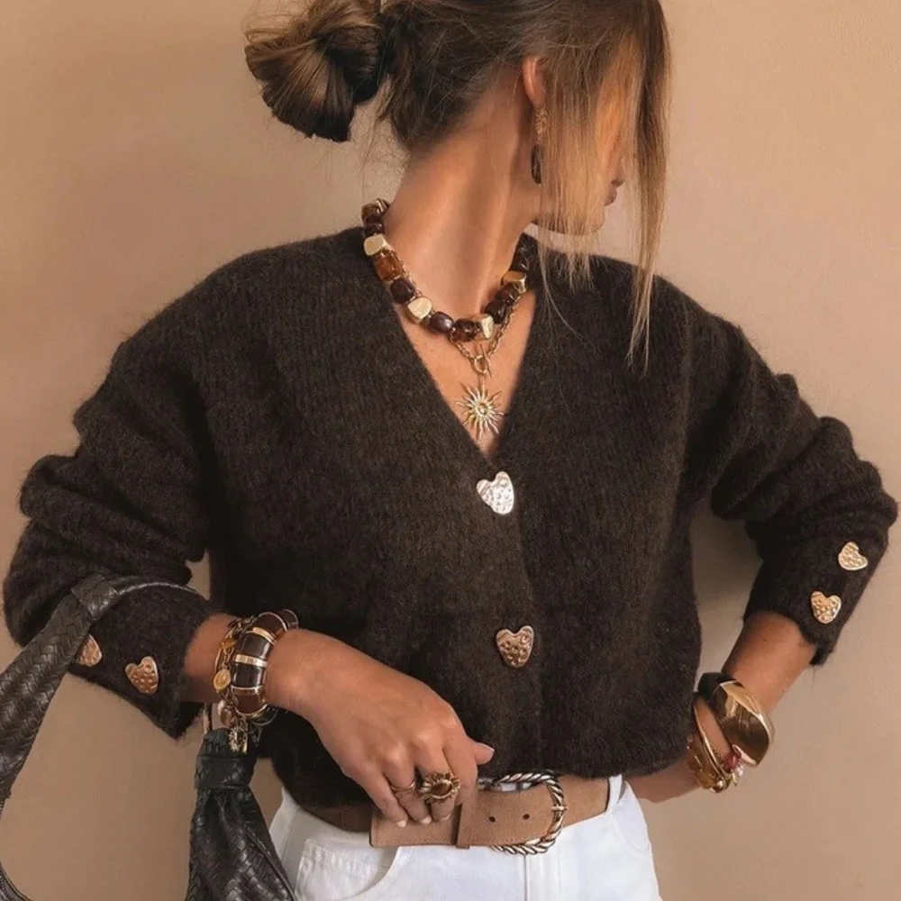 NWOT Chocolate Brown V-neck Cardigan Hammered Gold Heart Buttons Sz L - Picture 10 of 10